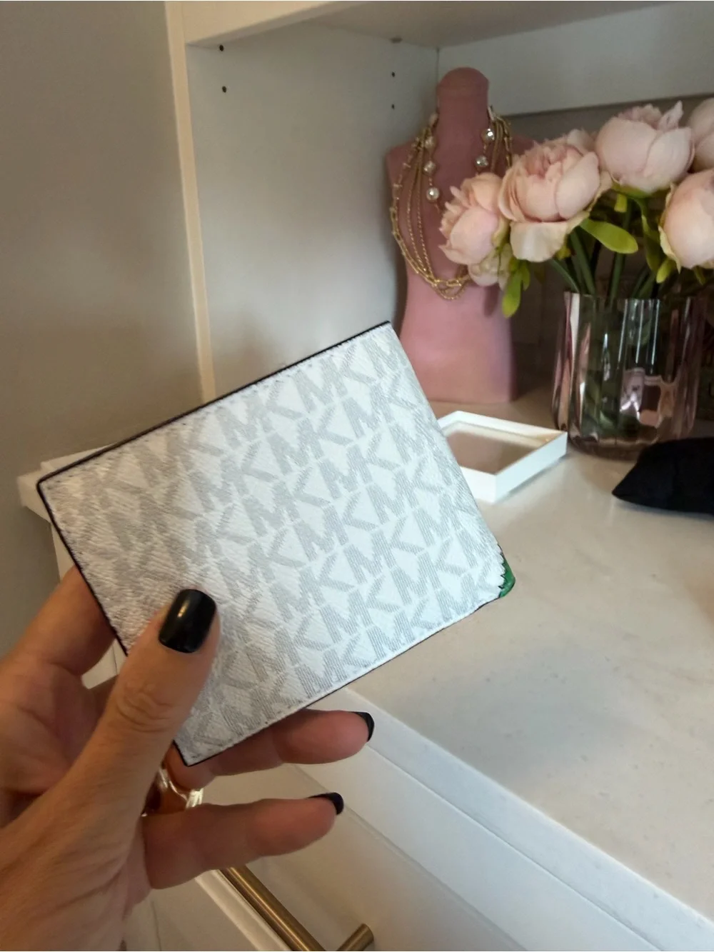 Michael Kors White Leather Bifold Wallet with Green Diagonal sport Stripes $178